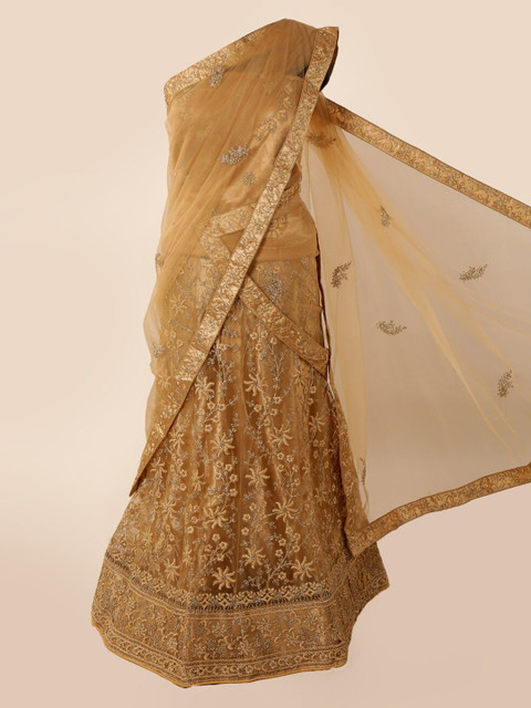 

Pothys Cream-Coloured & Silver-Toned Net Embroidered Traditional Half Saree