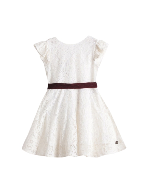 

UNDER FOURTEEN ONLY Girls White Lace Pure Cotton Fit and Flare Dress with Belt