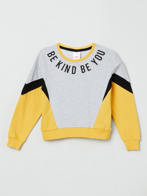 

max Girls Grey Melange & Mustard Yellow Colourblocked Sweatshirt