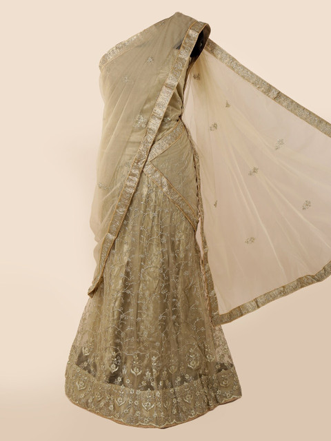 

Pothys Green & Off-White Net Embroidered Traditional Half Saree