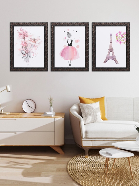 

Indianara Set Of 3 White & Pink Flowers Girl Framed Art Prints Without Glass