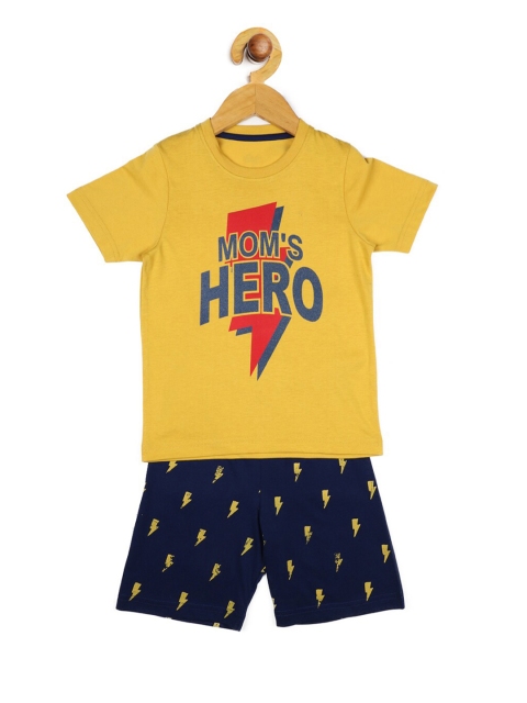 

Stupid Cupid Boys Yellow & Navy Blue Printed T-shirt with Shorts