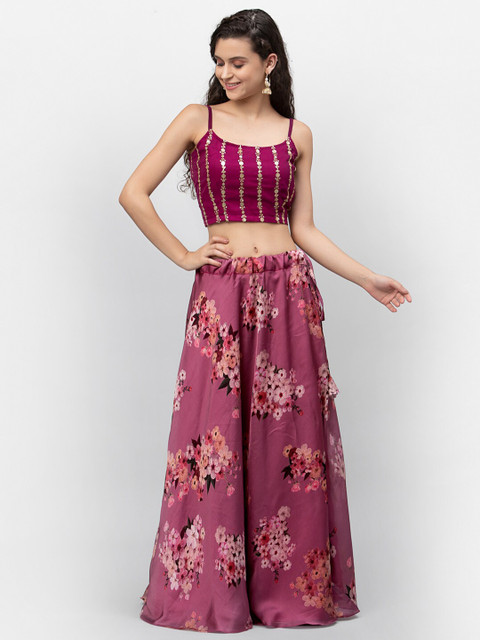 

studio rasa Burgundy Floral Printed Ready to Wear Lehenga with Blouse