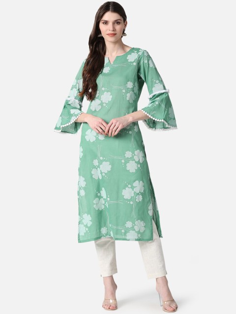 

AHIKA Women Sea Green Floral Printed Flared Sleeves Floral Cotton Kurta
