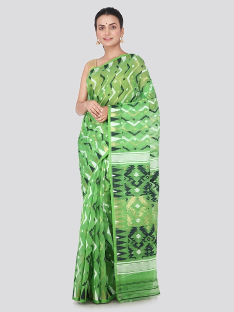 

PinkLoom Green & White Pure Cotton Woven Design Jamdani Saree