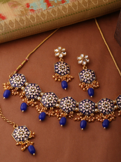 

Shoshaa Gold-Plated Blue & White Stone-Studded & Beaded Handcrafted Jewellery Set