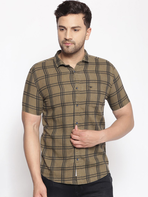 

SHOWOFF Men Khaki & Black Cotton Classic Slim Fit Checked Casual Shirt