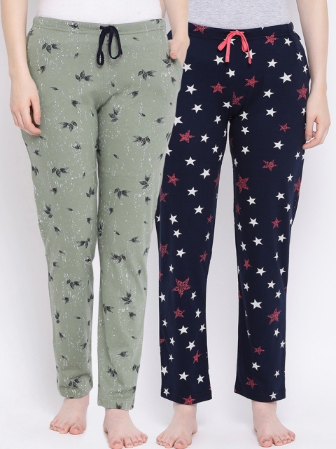 

Kanvin Women Pack Of 2 Printed Pure Cotton Lounge Pants PJ1076+PJ1122, Navy blue
