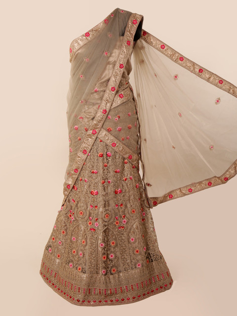 

Pothys Beige & Pink Net Embroidered Traditional Half Saree