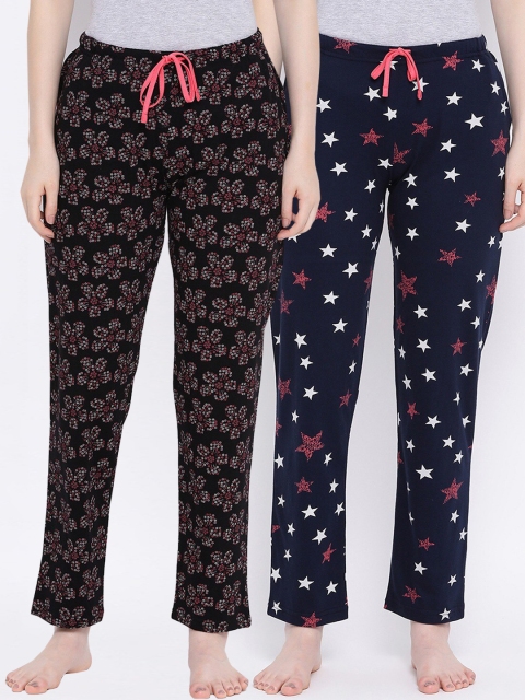 

Kanvin Women Pack Of 2 Printed Pure Cotton Lounge Pants PJ1065+PJ1076, Black