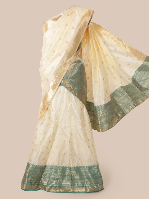 

Pothys Cream-Coloured & Green Silk Cotton Woven Design Saree