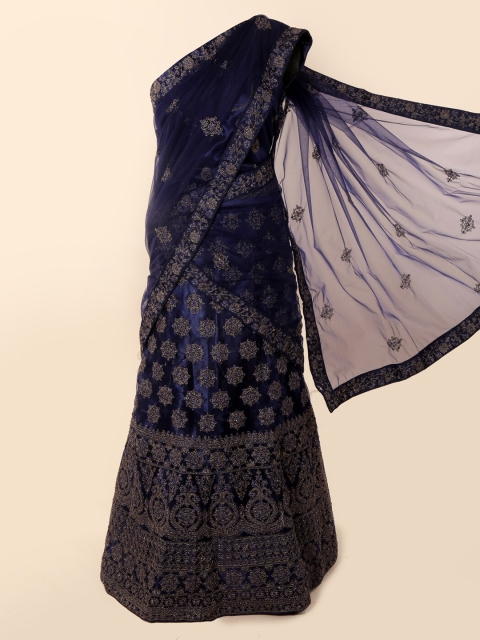

Pothys Blue & Gold-Toned Net Embroidered Traditional Half Saree
