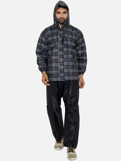 

THE CLOWNFISH Men Black & Blue Checked Hooded Rain Suit