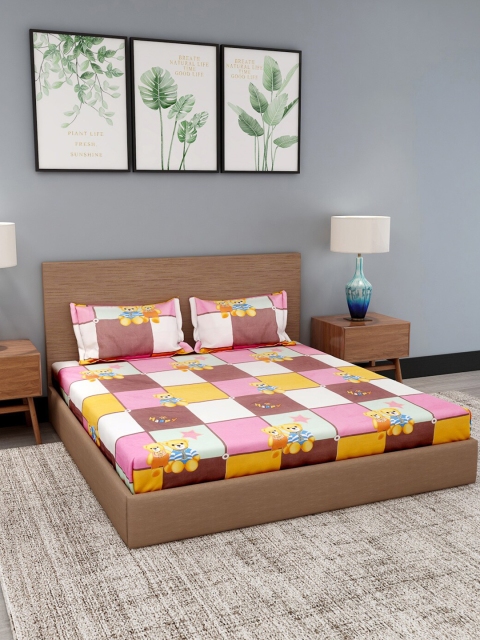 

NEUDIS Pink & White Cartoon Characters 180 TC Polyester 1 King Bedsheet with 2 Pillow Covers