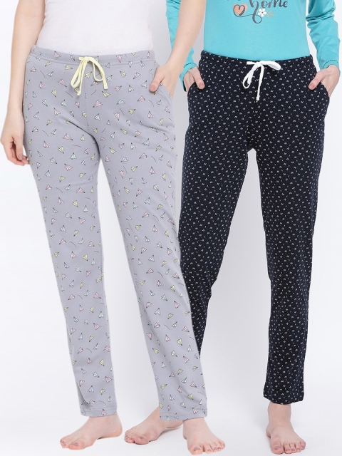 

Kanvin Women Pack Of 2 Printed Pure Cotton Lounge Pants PJ1069+PJ1117, Navy blue
