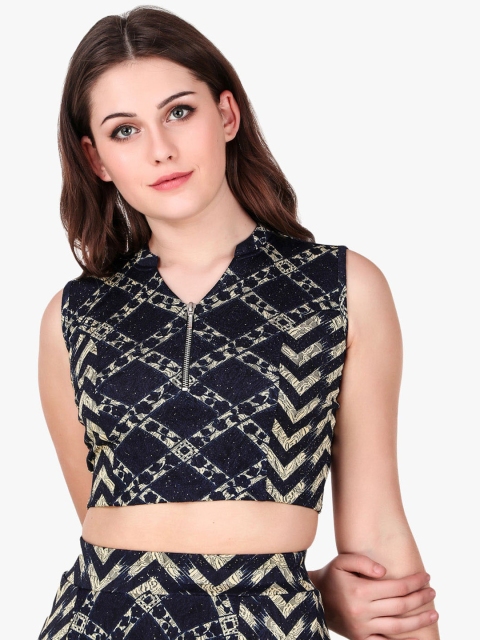 

Texco Navy Blue & Beige Mandarin Collar Fitted Crop Top