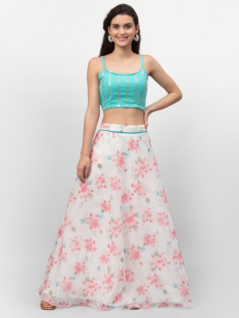 

studio rasa Turquoise Blue & White Floral Printed Ready to Wear Lehenga with Blouse