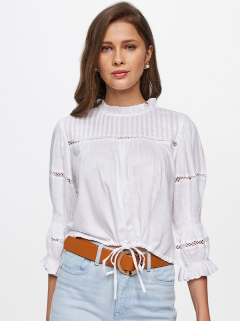 

AND White Mandarin Collar Blouson Crop Top