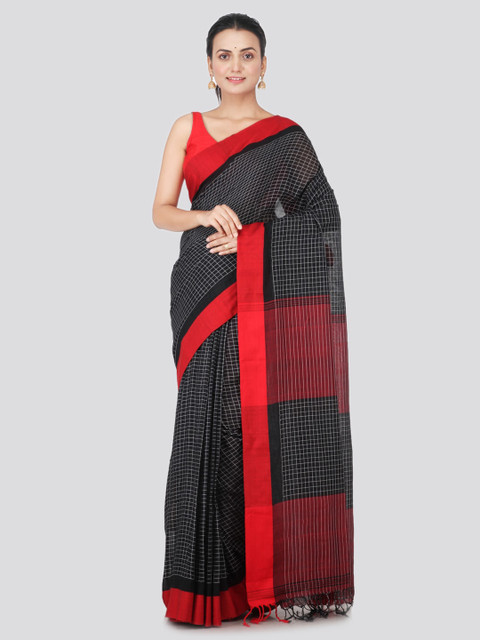 

PinkLoom Black Pure Cotton Checked Handloom Sustainable Saree