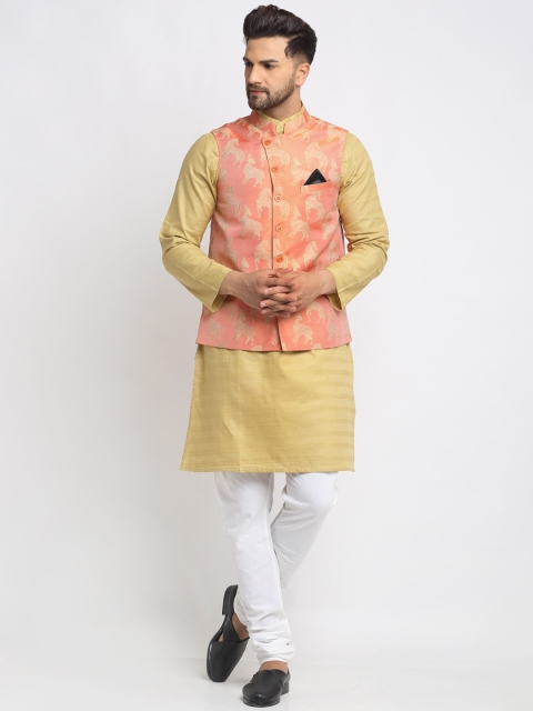 

NEUDIS Men Mustard Yellow & White Solid CottonVKurta Set with Nehru Jacket