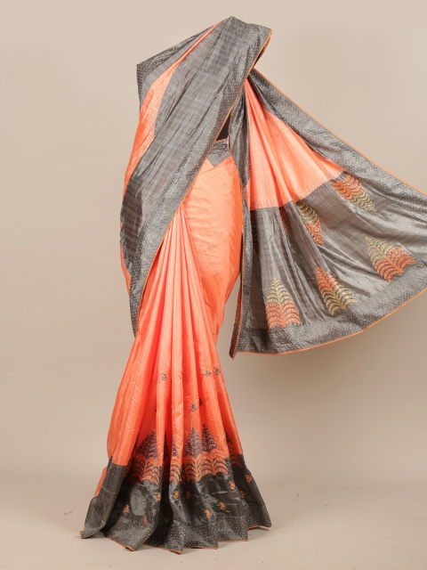 Pothys Orange & Grey Art Silk Colourblocked Saree