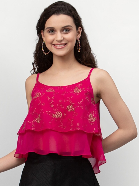 

studio rasa Fuchsia & Gold-Toned Floral Layered Georgette A-Line Crop Top