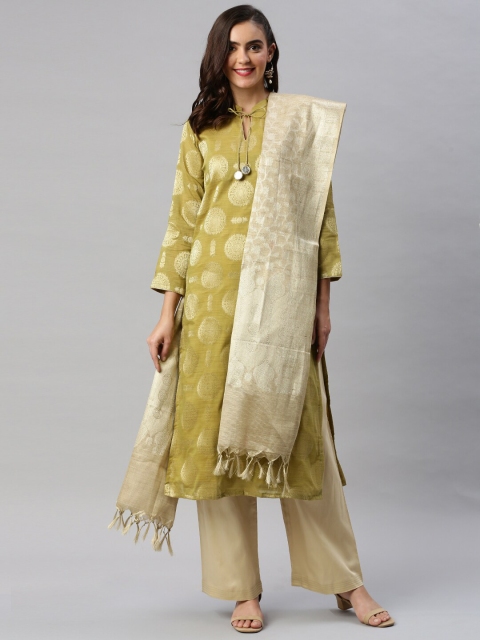 

Soch Olive Green & Cream-Coloured Printed Unstitched Dress Material
