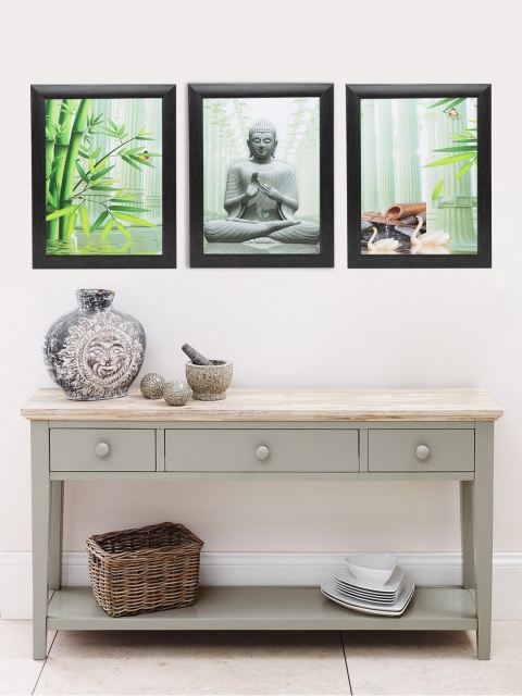 

Indianara Set Of 3 Sea Green & Grey Buddha and Bamboo Framed Art Prints Without Glass