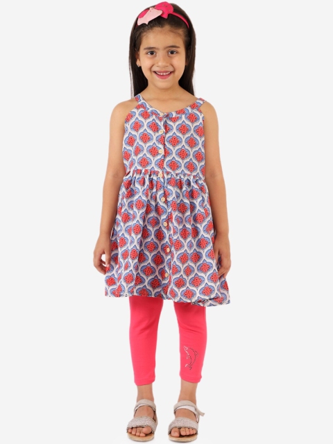 

Chipbeys Girls Blue & Coral Pink Printed Kurta with Leggings