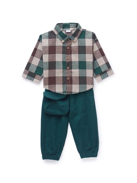

Like A Boss Boys Green & Brown Checked Shirt with Trousers With Pouch