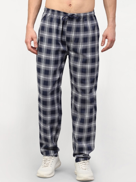 

JAINISH Men Navy Blue & White Checked Pure Cotton Track Pants