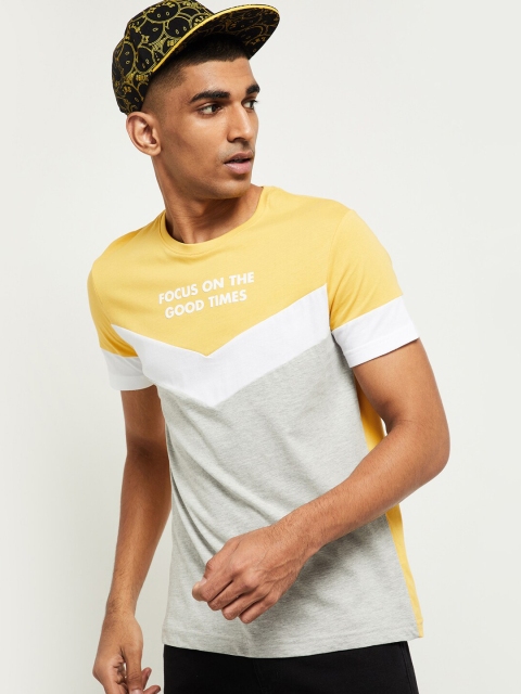 

max Men Yellow & Grey Colourblocked Slim Fit Cotton T-shirt
