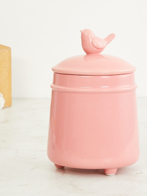 

Home Centre Pink Solid Decorative Jar With Bird Lid