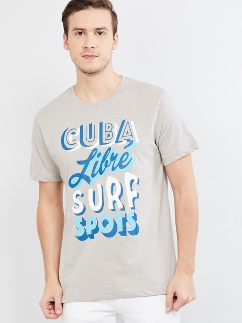 

max Men Khaki Typography Printed Raw Edge Slim Fit Cotton T-shirt