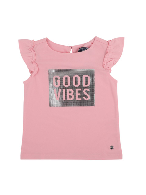 

Allen Solly Junior Girls Pink & Silver-Toned Flutter Sleeve Regular Top