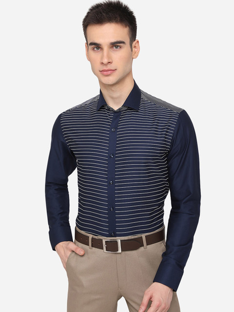 

JB STUDIO Men Navy Blue Slim Fit Horizontal Stripes Striped Formal Shirt