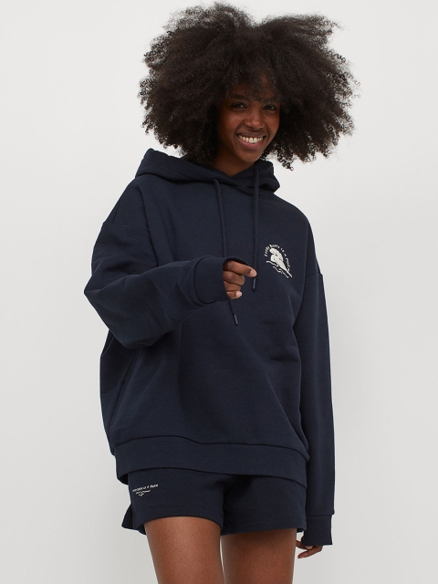 

H&M Women Navy Blue Oversized Printed Hoodie
