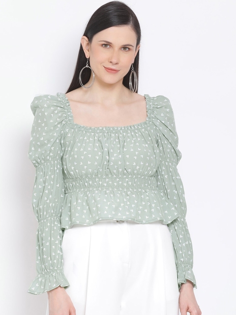 

FOSH Green Floral Puff Sleeve Smocked Empire Crop Top