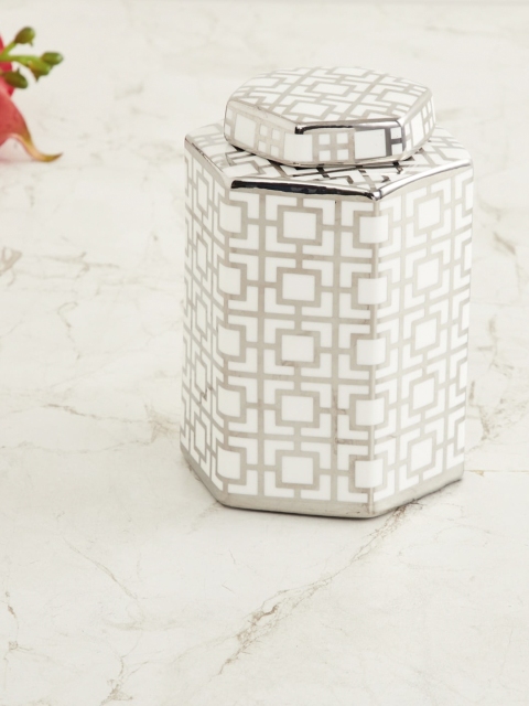 

Home Centre White Printed Splendid Decor Jar With Lid