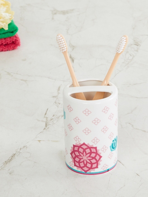 

Home Centre White & Pink Floral Printed Lotus Willie Ceramic Tooth Brush Holder