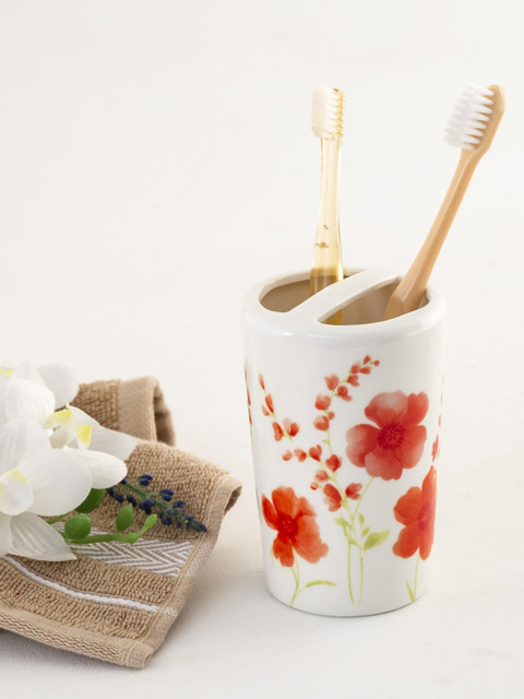 

Home Centre Cream-Coloured & Red Organic Verona Printed Ceramic Tooth Brush Holder