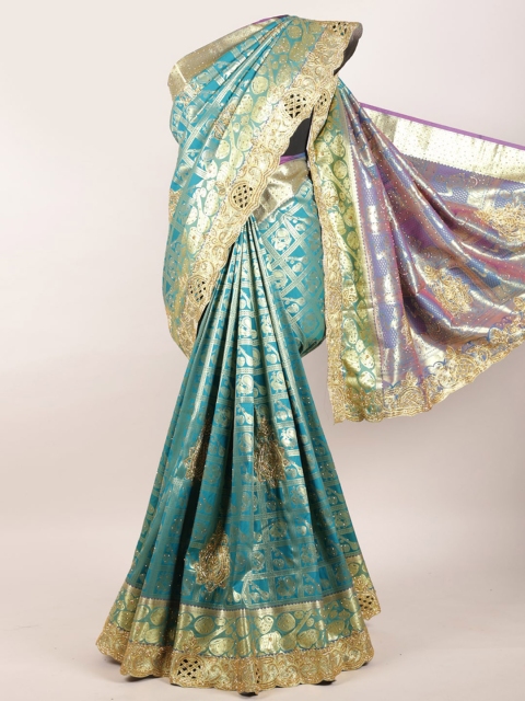 

Pothys Blue Ethnic Motifs Sequinned Pure Silk Kanjeevaram Saree