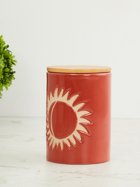 Home Centre Red & Off-White Splendid Textured Decorative Cannister With Lid