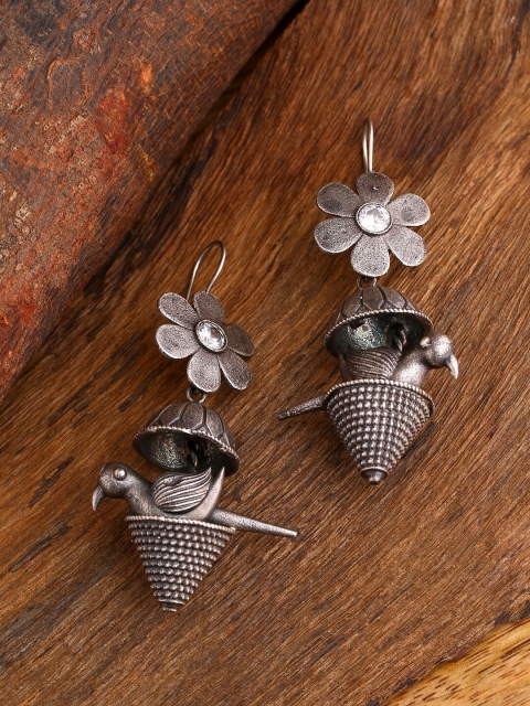 

Infuzze Silver-Toned Floral Oxidised Drop Earrings