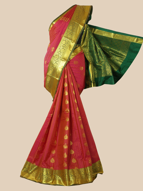 

Pothys Pink & Green Woven Design Zari Silk Blend Saree