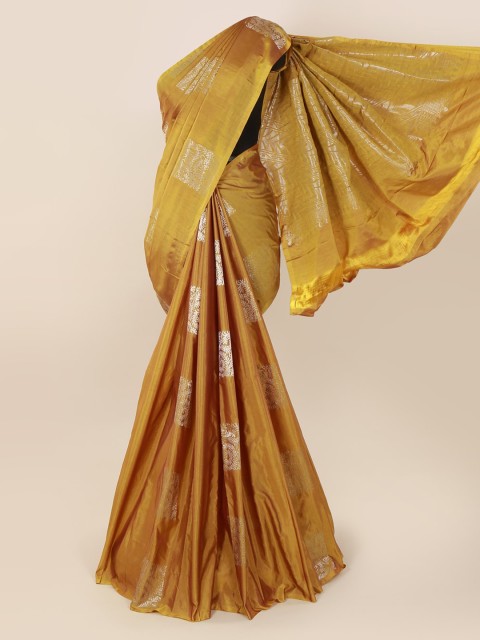 

Pothys Mustard & Silver-Toned Woven Design Zari Silk Cotton Kanjeevaram Saree