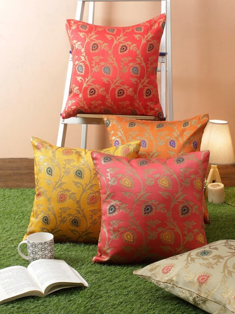

RANGDESI Set of 5 Red & Orange Ethnic Motifs Square Cushion Covers