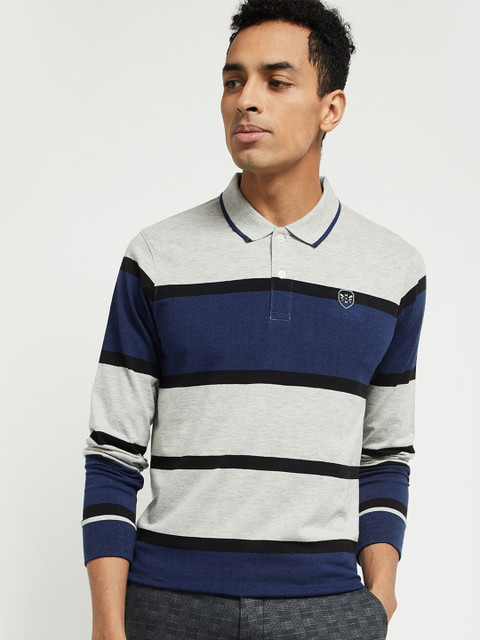 

max Men Off White & Navy Blue Striped Polo Collar Slim Fit T-shirt