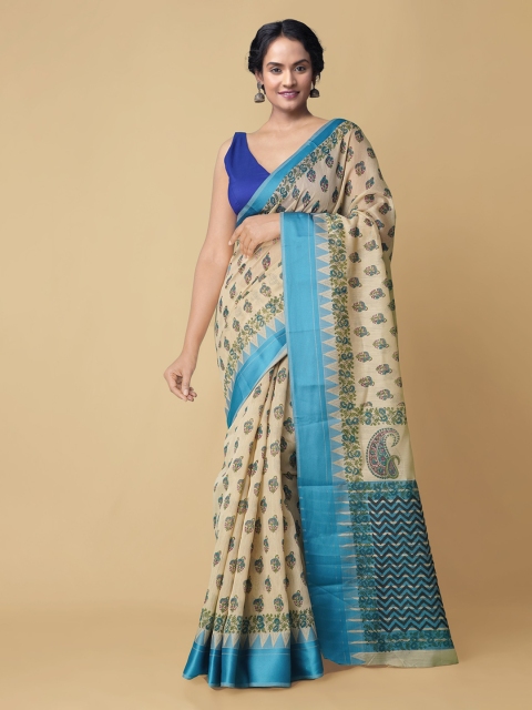 

Unnati Silks Beige Block Printed Silk Cotton Chanderi Sustainable Saree