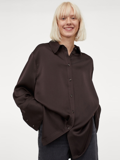 

H&M Women Brown Solid Oversized Satin Shirt